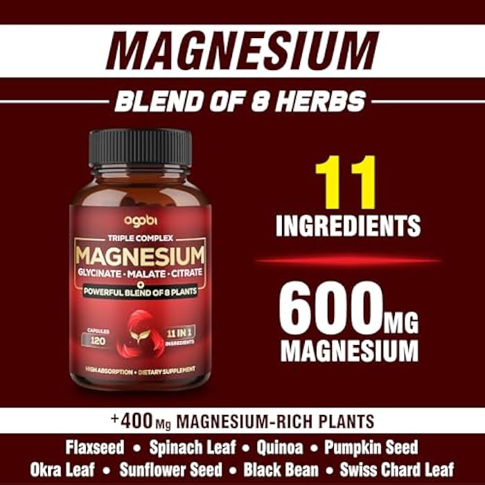 agobi Magnesium Triple Complex - 600mg Magnesium Glycinate, Malate & Citrate - Added Spinach, Swiss Chard & Others - Support Calm, Restful Mood & Muscle Cramp - 120 Capsules - Image 4