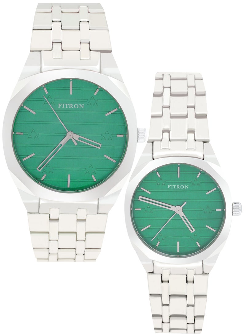 Fitron Quartz Analog Silver Couple Set Watch For Men and Women - Image 1