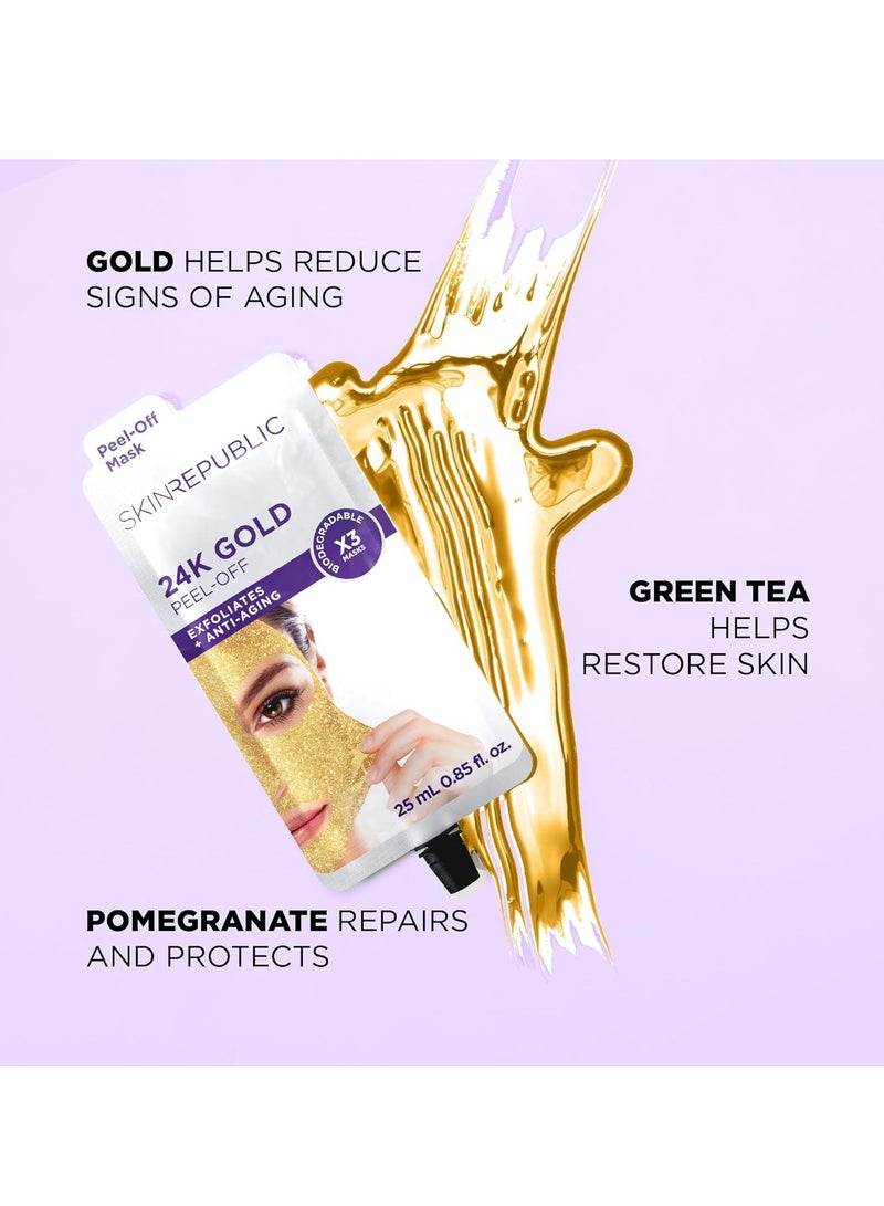 سكين ريبابلك قناع تقشير الذهب عيار 24 قيراطًا (3 أقنعة) - قناع وجه مضاد للشيخوخة مع الشاي الأخضر والرمان وأحماض الفاكهة - يقشر البشرة ويقلل من الخطوط الدقيقة والتجاعيد ويفتحها ويستعيد نضارتها ويحميها - Image 5