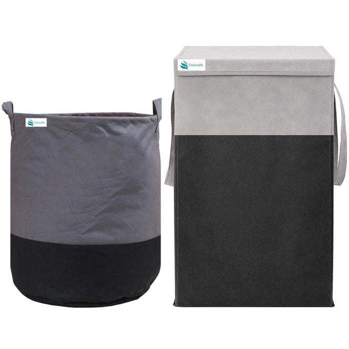 LAUNDRY BAG 45 L DURABLE AND COLLAPSIBLE LAUNDRY STORAGE BAG CLOTHES TOYS STORAGE FOLDABLE 68 L LAUNDRY BASKET WITH LID AND SIDE HANDLES FOR DIRTY CLOTHES COMBO PACK OF 2 PC GREYBLACK