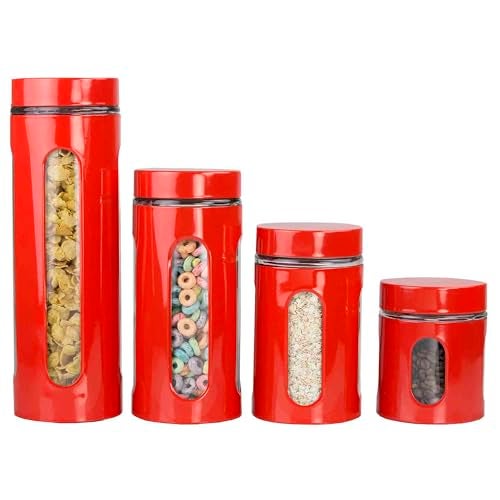 Home Basics Home Basics Retro Kitchen Canisters For Countertop 4 Piece Set Red Glass with Metal Finish SeeThrough Windows Great For Flour Coffee Sugar Dry Ingredients Snacks 