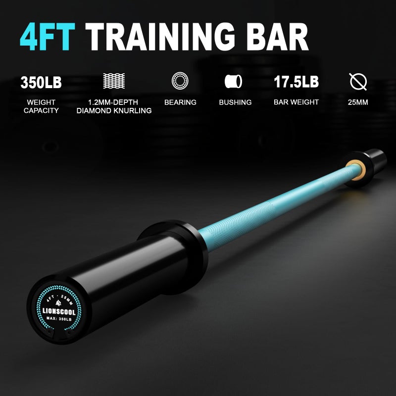 LIONSCOOL 25mm Grip 4ft Barbell (Turquoise Ceramic Coating with Black E-Coated Sleeves, 4FT, 350LBS) - Image 2