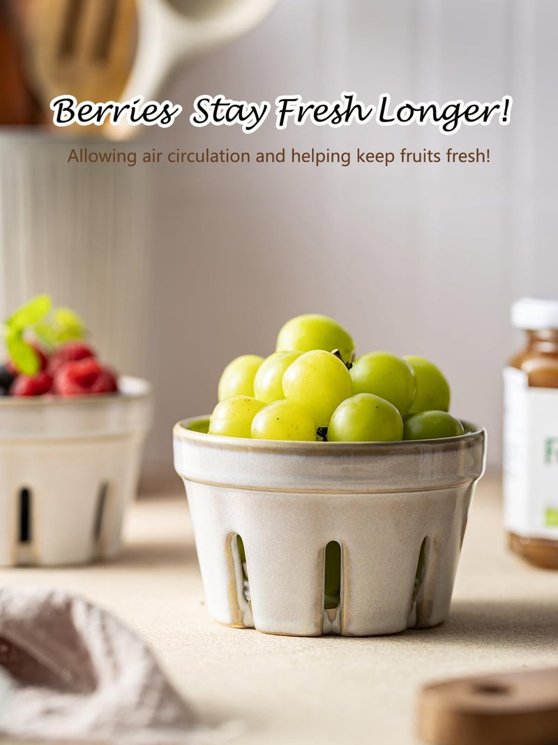Gomakren Ceramic Fruit Basket Set of 2, Round Fruit Bowl with Holes, Fruit Storage Containers for Fridge, Small Berry Basket for Kitchen Counter, Berries, Strawberry, Grape, Cherry, White - Image 5