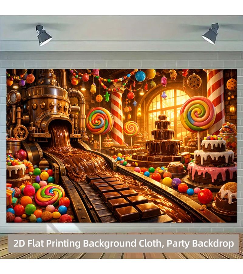 2D Flat Backdrop Banner For Chocolate Factory Candy Paradise Party 244x183cm 96x72inch Photography Background For Indoor Outdoor Events Birthdays And Celebrations - Image 1