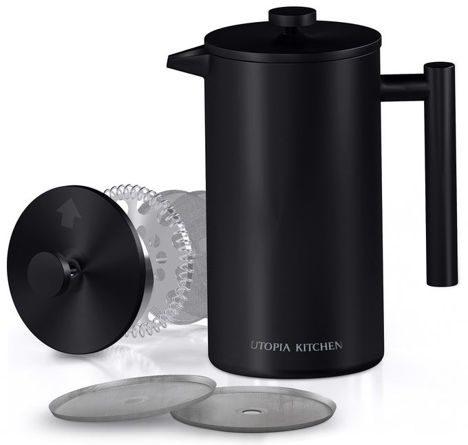 304 GRADE STAINLESS STEEL FRENCH PRESS COFFEE MAKER 50 OZ DOUBLE WALL INSULATED COFFEE PRESS WITH 4LEVEL FILTRATION SYSTEM INCLUDE 2 EXTRA FILTERS RUSTFREE DISHWASHER SAFE BLACK