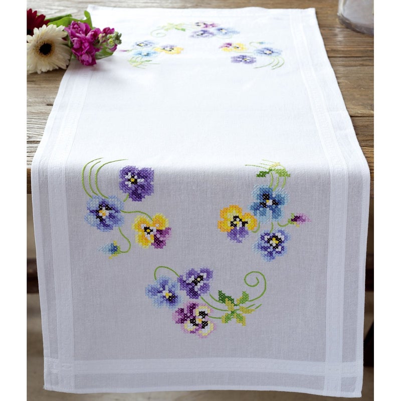 Vervaco Cross Stitch Table Runner Kit Pretty Pansies 16"" x 40"" - Image 2