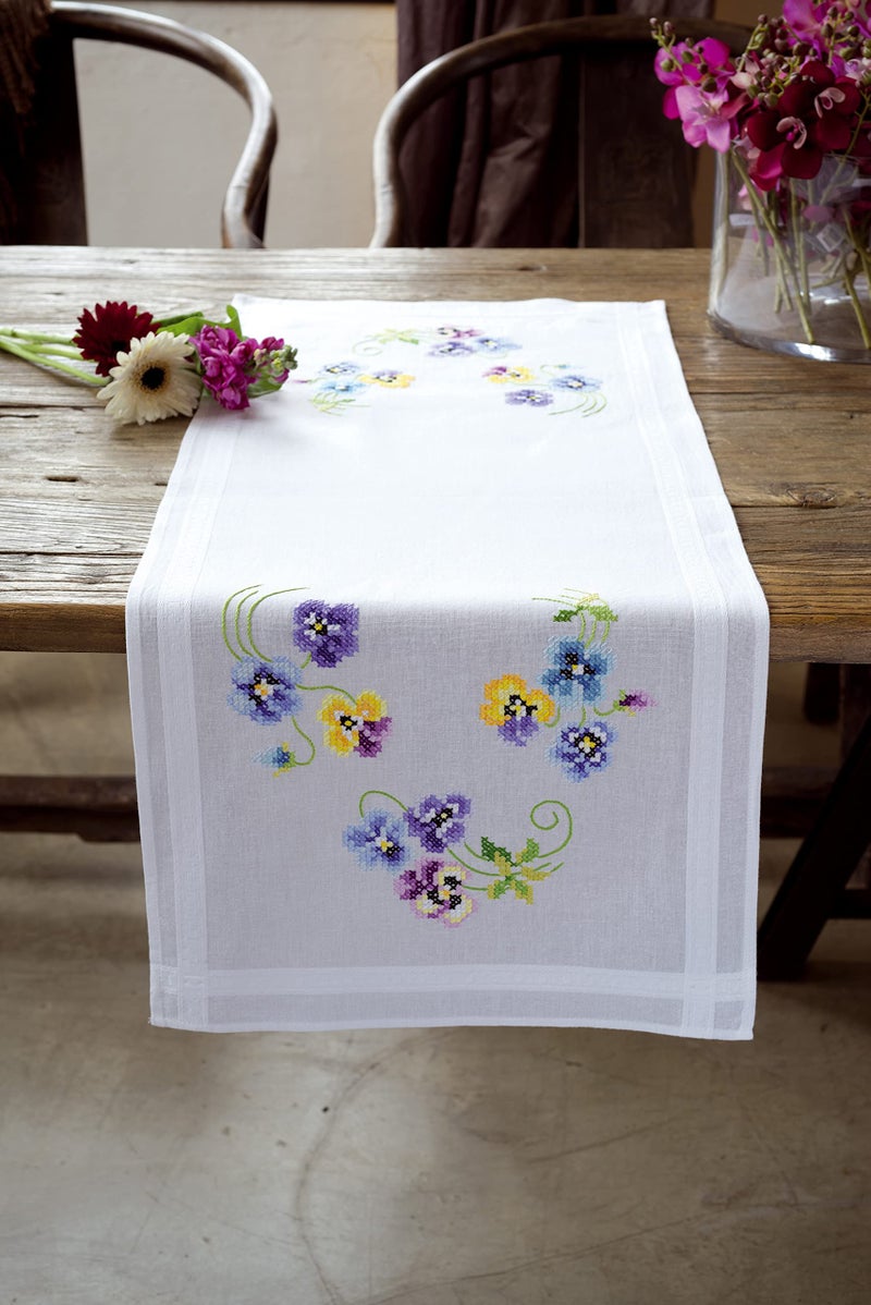 Vervaco Cross Stitch Table Runner Kit Pretty Pansies 16"" x 40"" - Image 4