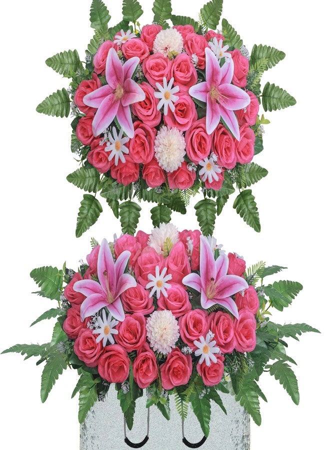 Lodou Artificial Cemetery Flower Saddles,Headstone Saddles for Graves,Lily Rose Flowers Saddle for Cemetery Headstones Decoration Outdoor Memorial Decorations (Purple Lily, Saddle) - Image 2