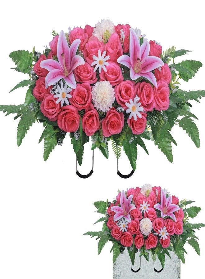 Lodou Artificial Cemetery Flower Saddles,Headstone Saddles for Graves,Lily Rose Flowers Saddle for Cemetery Headstones Decoration Outdoor Memorial Decorations (Purple Lily, Saddle) - Image 1