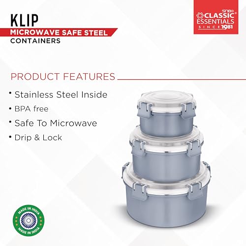 CLASSIC ESSENTIALS Stainless Steel Microwave Safe Containers|Bpa Free|Food Grade Material|Snack & Food Storage Containers|Leak & Spill Proof|Set Of 3(250 Ml,650 Ml & 1100 Ml)(Grey),Blue-Green - Image 3
