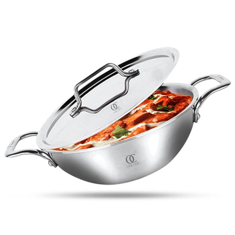 Omichef مقلاة أوميشيف ثلاثية الفولاذ المقاوم للصدأ مع غطاء فولاذي | كبيرة 30 سم، 6 لتر، 2.38 كجم | مناسبة للطهي بالحث | جسم غير لاصق بطبقة ثلاثية، بدون طلاء كيميائي و100% خالية من السموم - Image 1