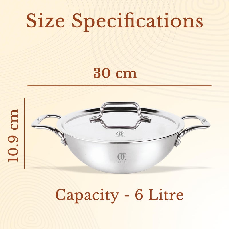 Omichef مقلاة أوميشيف ثلاثية الفولاذ المقاوم للصدأ مع غطاء فولاذي | كبيرة 30 سم، 6 لتر، 2.38 كجم | مناسبة للطهي بالحث | جسم غير لاصق بطبقة ثلاثية، بدون طلاء كيميائي و100% خالية من السموم - Image 3