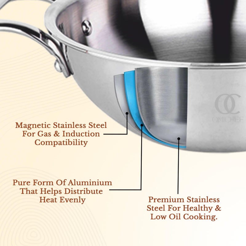 Omichef مقلاة أوميشيف ثلاثية الفولاذ المقاوم للصدأ مع غطاء فولاذي | كبيرة 30 سم، 6 لتر، 2.38 كجم | مناسبة للطهي بالحث | جسم غير لاصق بطبقة ثلاثية، بدون طلاء كيميائي و100% خالية من السموم - Image 5