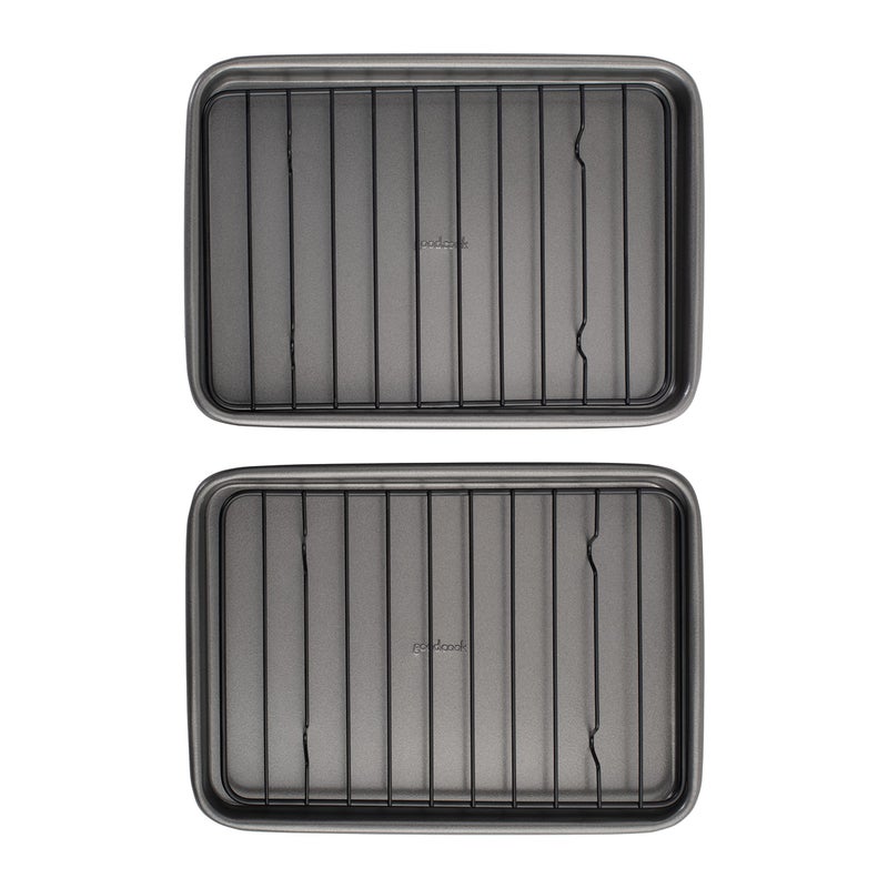 GoodCook Set of 2 Nonstick Steel 9" x 6" Toaster Oven Mini Baking Sheets with Racks, Gray - Image 1