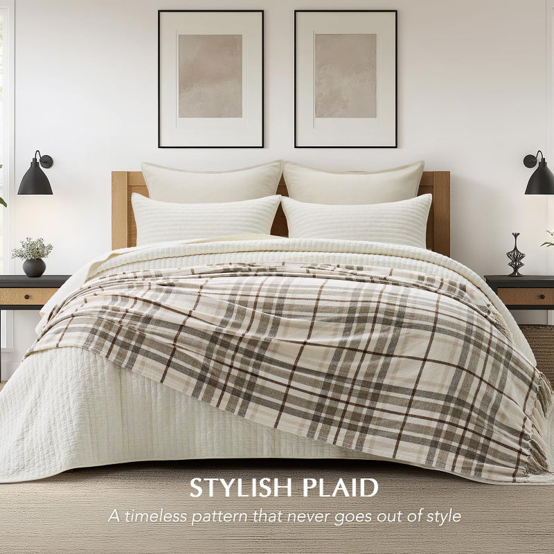 EverGrace Plaid Chenille Bed Blanket Queen Size for Bed, Super Soft Cozy Decorative Farmhouse Plaid Throw with Tassels, Lightweight Chenille Knit Throw for Couch Sofa Gift Home Decor, Beige 90"x90" - Image 2