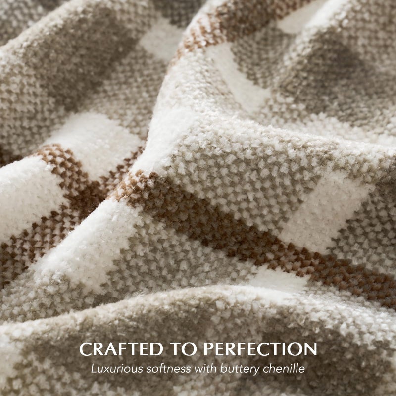 EverGrace Plaid Chenille Bed Blanket Queen Size for Bed, Super Soft Cozy Decorative Farmhouse Plaid Throw with Tassels, Lightweight Chenille Knit Throw for Couch Sofa Gift Home Decor, Beige 90"x90" - Image 3