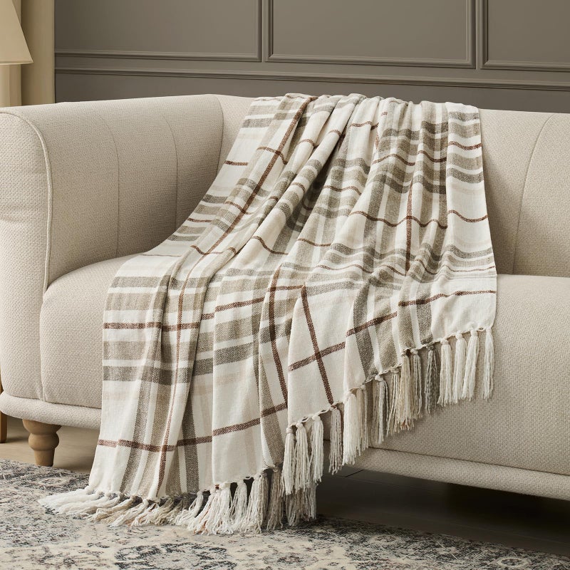 EverGrace Plaid Chenille Bed Blanket Queen Size for Bed, Super Soft Cozy Decorative Farmhouse Plaid Throw with Tassels, Lightweight Chenille Knit Throw for Couch Sofa Gift Home Decor, Beige 90"x90" - Image 5