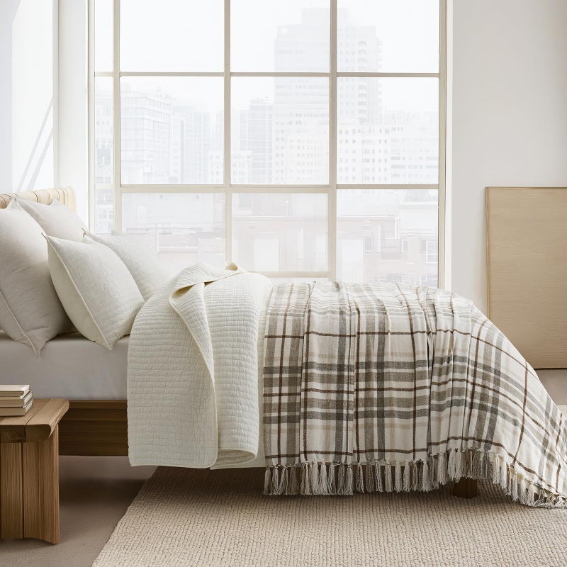 EverGrace Plaid Chenille Bed Blanket Queen Size for Bed, Super Soft Cozy Decorative Farmhouse Plaid Throw with Tassels, Lightweight Chenille Knit Throw for Couch Sofa Gift Home Decor, Beige 90"x90" - Image 1