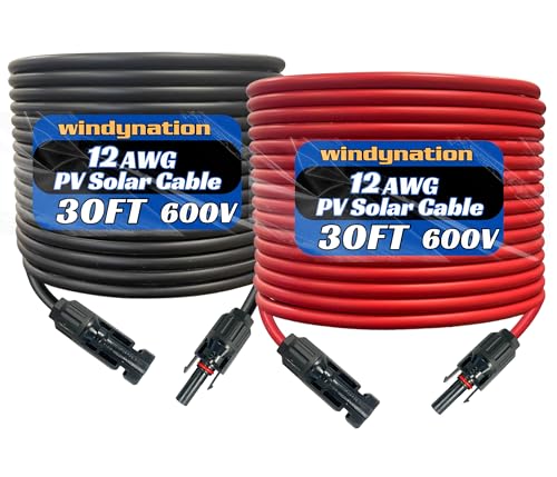 WindyNation 12 Gauge 12 AWG Pair 30 Feet Black + 30 Feet Red PV Photovoltaic Solar Panel Extension Cable Wire Solar Connector - Image 1