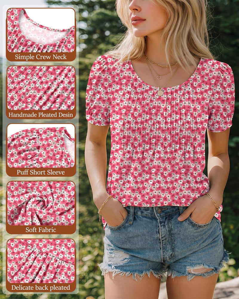 Ficerd Women's Puff Short Sleeve Boho Tunic Tops Pleated Crew Neck Summer Blouses Dressy Casual Loose T Shirts(Medium,Watermelon Red) - Image 4