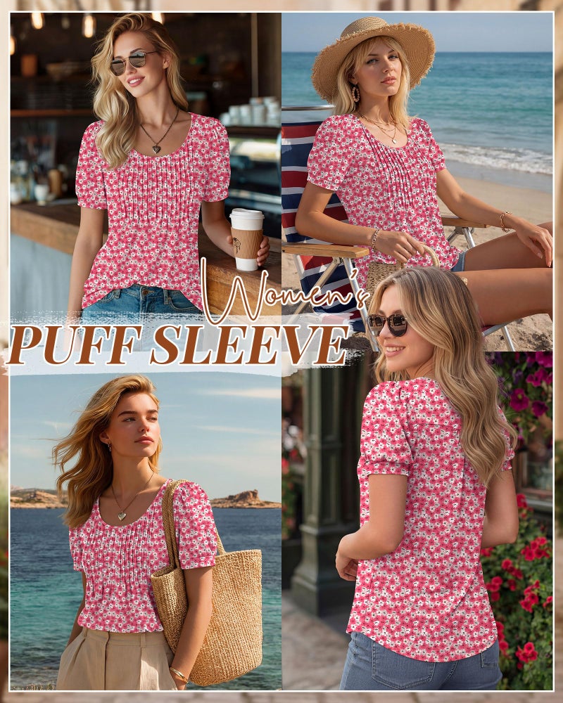 Ficerd Women's Puff Short Sleeve Boho Tunic Tops Pleated Crew Neck Summer Blouses Dressy Casual Loose T Shirts(Medium,Watermelon Red) - Image 2