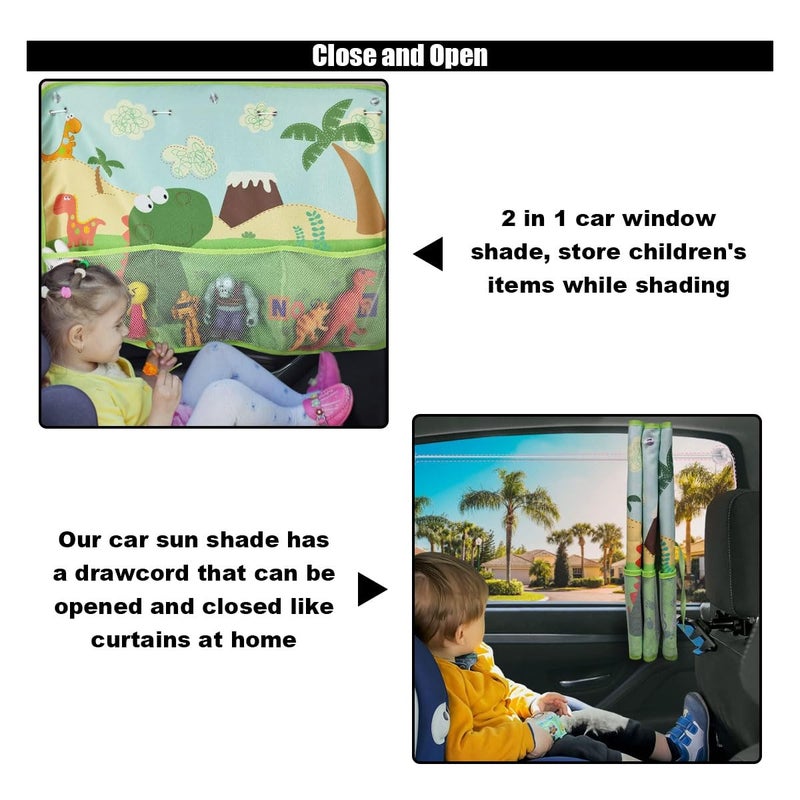 GLSOWEE Car Window Shade for Baby, Blackout Car Window Curtain with Storage Pockets & 7 Suction Cups, Cartoon Pattern Cars Side Window Sun Shade Cover for Sun/Heat/UV Rays Protection (Green-Dinosaurs) - Image 5