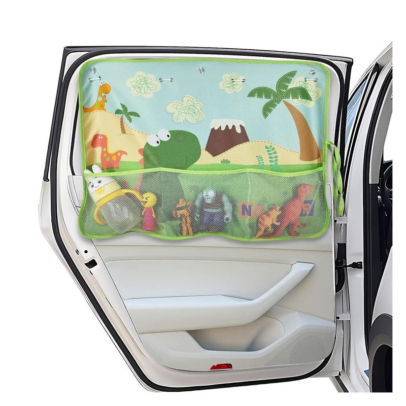 GLSOWEE Car Window Shade for Baby, Blackout Car Window Curtain with Storage Pockets & 7 Suction Cups, Cartoon Pattern Cars Side Window Sun Shade Cover for Sun/Heat/UV Rays Protection (Green-Dinosaurs) - Image 1