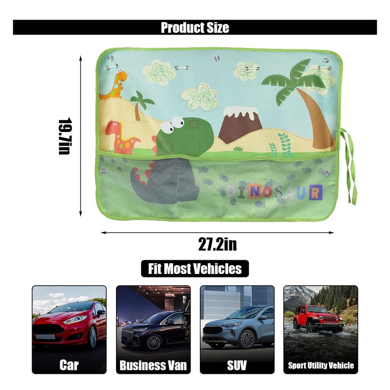 GLSOWEE Car Window Shade for Baby, Blackout Car Window Curtain with Storage Pockets & 7 Suction Cups, Cartoon Pattern Cars Side Window Sun Shade Cover for Sun/Heat/UV Rays Protection (Green-Dinosaurs) - Image 2