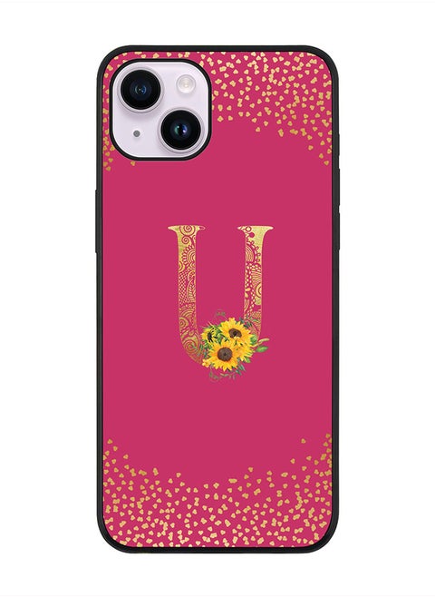 Rugged Black edge case for Apple iPhone 14 Plus, Soft Flexible Phone case Custom Monogram Initial Letter Mandala Floral Pattern Alphabet- U (Dark Pink Rose)