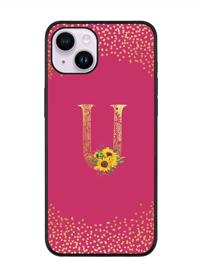 Stylizedd Rugged Black edge case for Apple iPhone 14 Plus, Soft Flexible Phone case Custom Monogram Initial Letter Mandala Floral Pattern Alphabet- U (Dark Pink Rose)  - Image 1