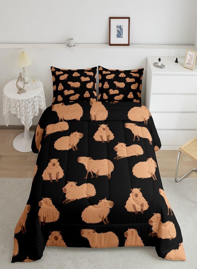 Feelyou Cute Capybara Comforter Set Full Size with 1 Pillow Case Cartoon Capybara Print Bedding Set Wildlife Decor Comforter Black Quilted Duvet Set for Kids Adults Boys - Image 1