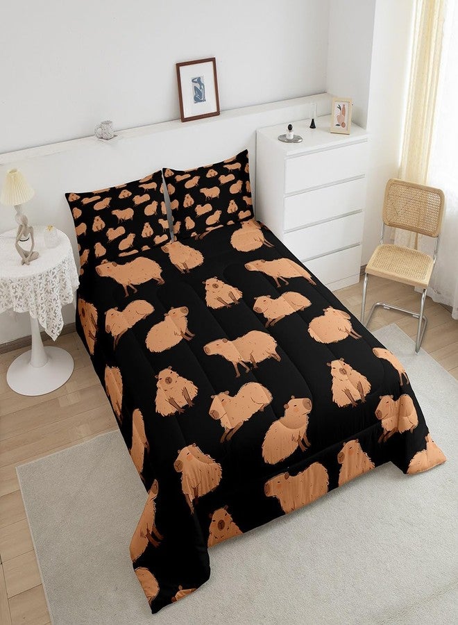 Feelyou Cute Capybara Comforter Set Full Size with 1 Pillow Case Cartoon Capybara Print Bedding Set Wildlife Decor Comforter Black Quilted Duvet Set for Kids Adults Boys - Image 3