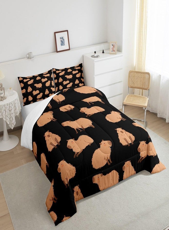 Feelyou Cute Capybara Comforter Set Full Size with 1 Pillow Case Cartoon Capybara Print Bedding Set Wildlife Decor Comforter Black Quilted Duvet Set for Kids Adults Boys - Image 4