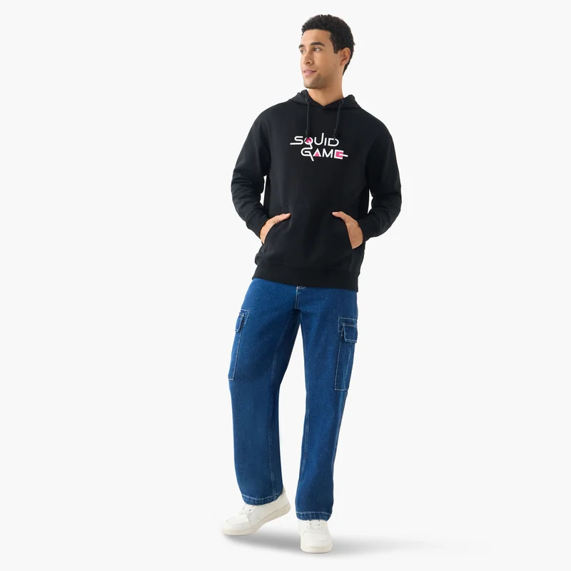 اس بي كاركترز Squid Game Print Hooded Sweatshirt with Long Sleeves