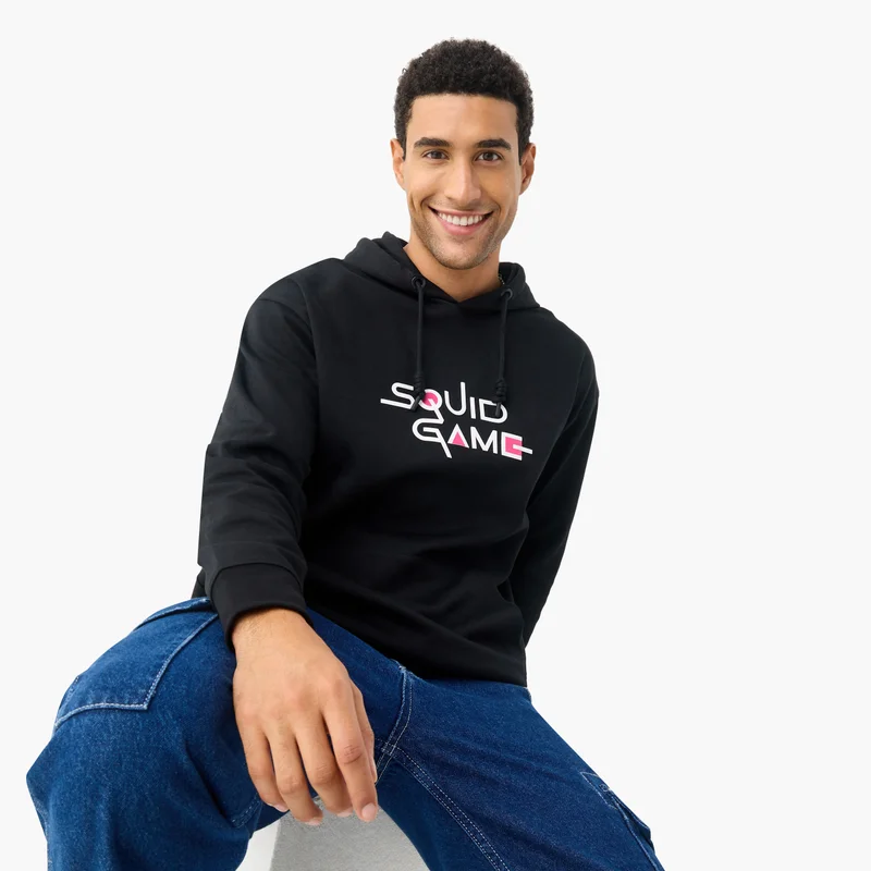 اس بي كاركترز Squid Game Print Hooded Sweatshirt with Long Sleeves