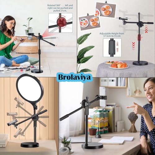 BROLAVIYA Overhead Video Floor Stand with Slab key Full-screen fill 10-inch LED light, Metal arm,1/4" head for Camera, Webcam, Gopro, With Mobile bracket for YouTube, TikTok, Desktop, Bedroom, Office. - Image 5