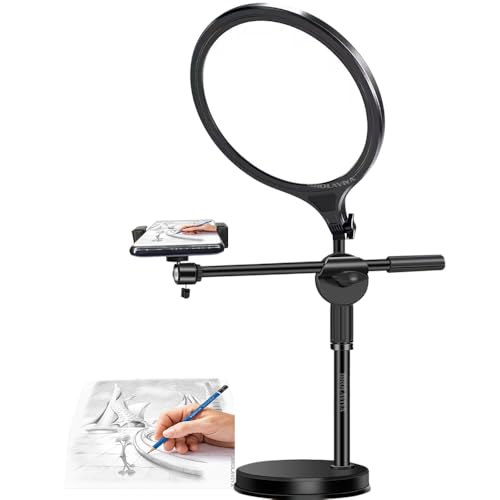 BROLAVIYA Overhead Video Floor Stand with Slab key Full-screen fill 10-inch LED light, Metal arm,1/4" head for Camera, Webcam, Gopro, With Mobile bracket for YouTube, TikTok, Desktop, Bedroom, Office. - Image 1