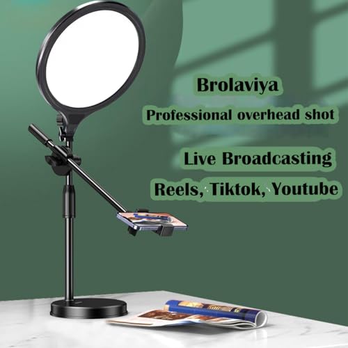 BROLAVIYA Overhead Video Floor Stand with Slab key Full-screen fill 10-inch LED light, Metal arm,1/4" head for Camera, Webcam, Gopro, With Mobile bracket for YouTube, TikTok, Desktop, Bedroom, Office. - Image 4