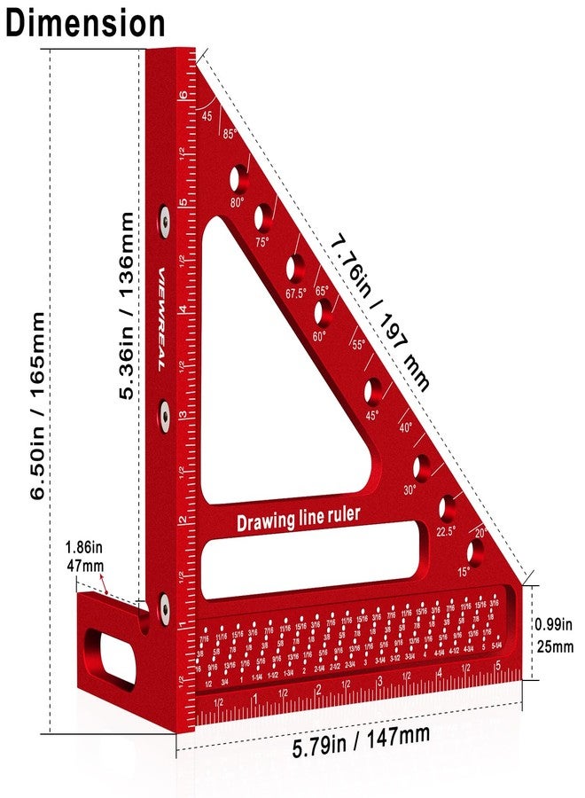 ViewReal Large Carpenter Square 6.5''x5.79''Protractor Ruler with 3D Multi-Angle Measuring and Scribing Features with Anti-Lost Pin for Accurate Woodworking & Construction - Image 2