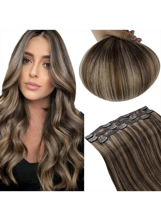 RUNATURE - Brown Clip in Hair Extensions Real Hair 16 Inch Darkest Brown with Light Brown Hair Extensions Remy Human Hair Clip Ins Double Weft Straight Clip in Brown Hair Extensions 3pcs 50g - Image 1