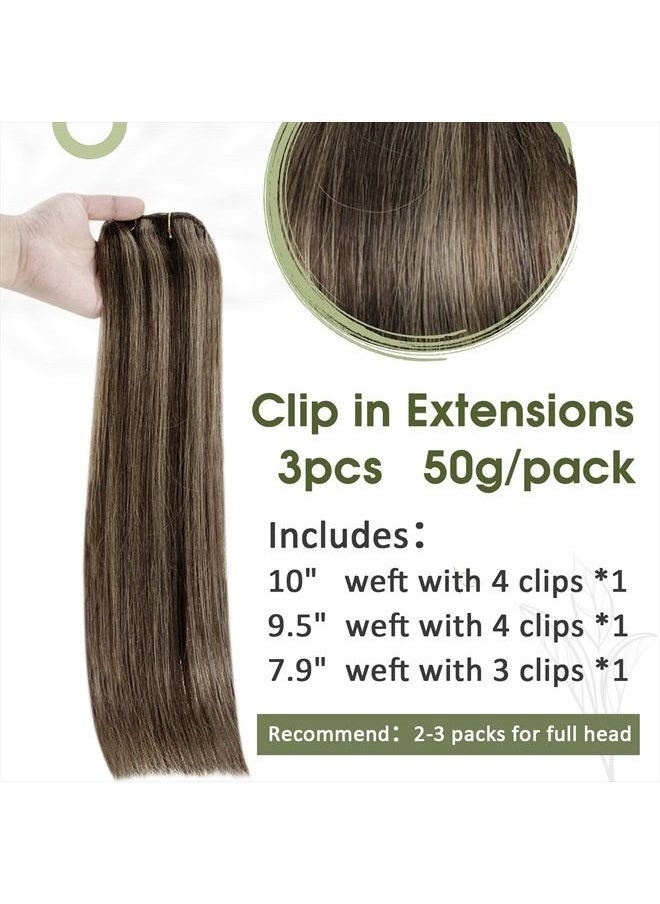 RUNATURE - Brown Clip in Hair Extensions Real Hair 16 Inch Darkest Brown with Light Brown Hair Extensions Remy Human Hair Clip Ins Double Weft Straight Clip in Brown Hair Extensions 3pcs 50g - Image 1