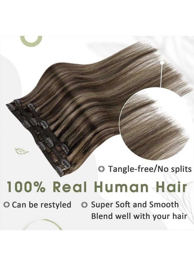 RUNATURE - Brown Clip in Hair Extensions Real Hair 16 Inch Darkest Brown with Light Brown Hair Extensions Remy Human Hair Clip Ins Double Weft Straight Clip in Brown Hair Extensions 3pcs 50g - Image 1