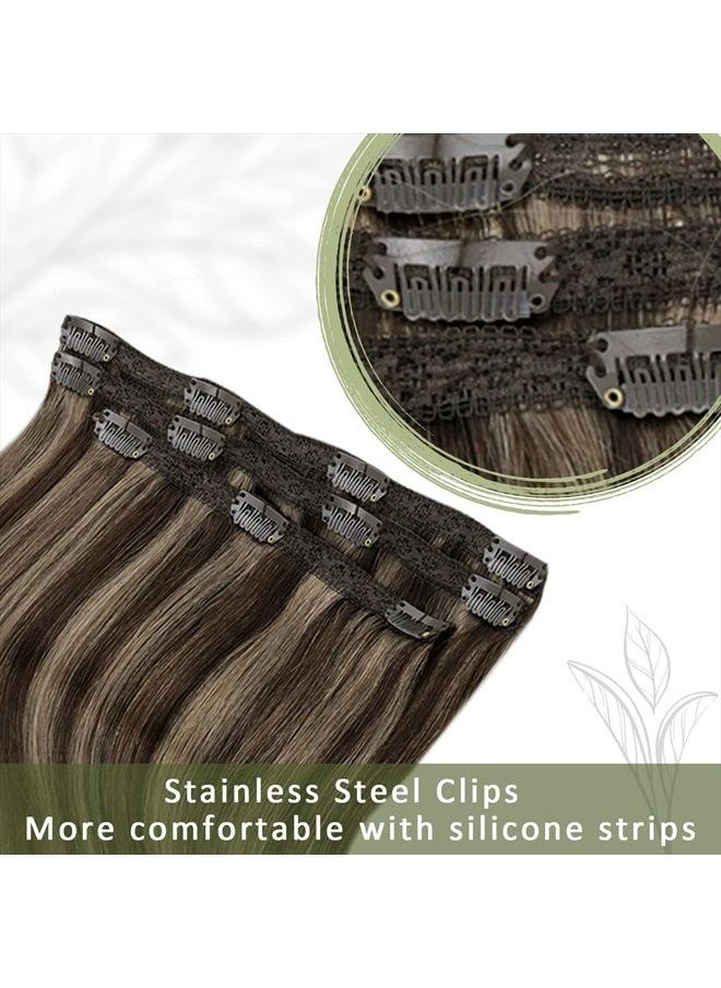 RUNATURE - Brown Clip in Hair Extensions Real Hair 16 Inch Darkest Brown with Light Brown Hair Extensions Remy Human Hair Clip Ins Double Weft Straight Clip in Brown Hair Extensions 3pcs 50g - Image 1
