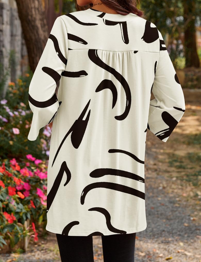 Poetsky Print Tops Tunic Long Shirts and Blouses Printed Ethnic Style Blouses Slit Dressy Casual Outfits to Wear with Leggings Beige M - Image 2