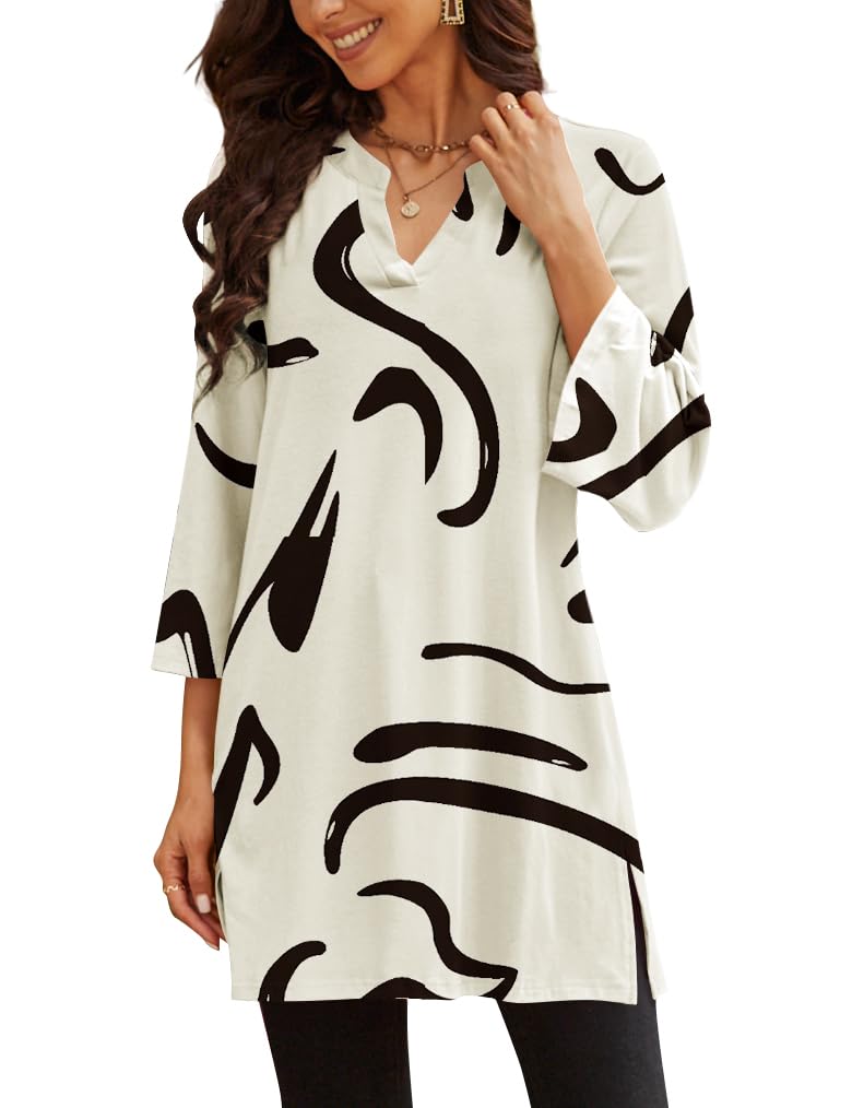 Poetsky Print Tops Tunic Long Shirts and Blouses Printed Ethnic Style Blouses Slit Dressy Casual Outfits to Wear with Leggings Beige M - Image 1