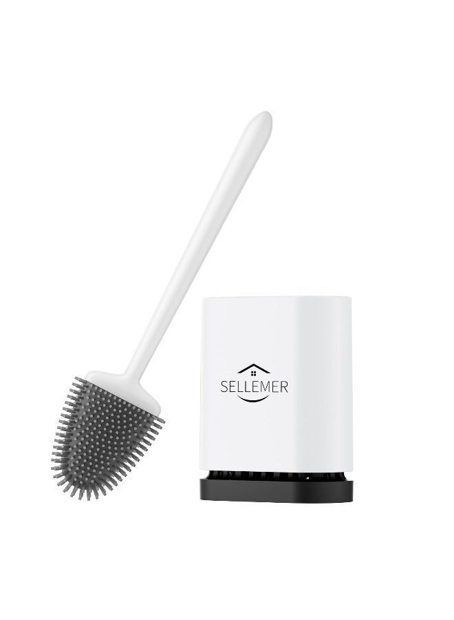 Sellemer مجموعة فرشاة وم holder مرحاض سيلمر - رأس فرشاة مرحاض مرن مع شعيرات سيليكون، حجم مدمج للتخزين والتنظيم، قاعدة مع فتحات تهوية (1 عبوة، أبيض) - Image 1
