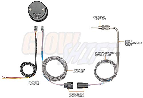 GLOWSHIFT مجموعة مقياس درجة حرارة غاز العادم GlowShift Black 7 Color 1500F - تشمل مجس EGT نوع K 1/8-27 NPT والأسلاك - عرض متعدد الألوان - قرص أسود - عدسة شفافة - للشاحنات التي تعمل بالديزل - 2-1/16" 52mm - Image 2