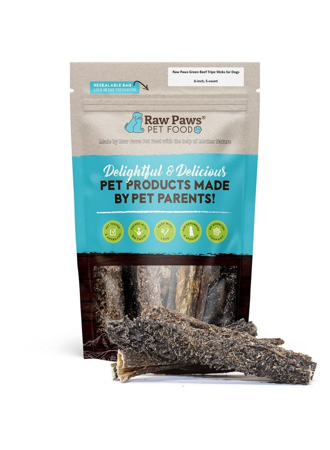 روو باوز أعواد كرشة لحم بقري خضراء من Raw Paws للكلاب - 6 بوصات، عبوة من 5 قطع - معبأة في الولايات المتحدة الأمريكية - مكافآت كرشة مجففة للكلاب من أبقار حرة بدون إضافة مضادات حيوية أو هرمونات - كرشة لحم بقري خضراء مجففة للكلاب - Image 1