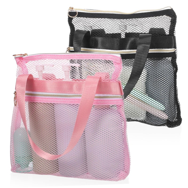 Portable Quick Dry Mesh Toiletry Bag 2 Pack Shower Handle Gym Travel Pink - Image 2