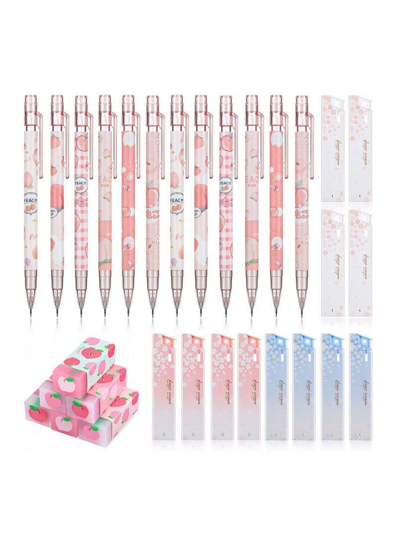 Excefore - 12 Pieces Kawaii Juice Peach Mechanical Pencil with 6   Peach Erasers and 12 Tube HB Pencil Refills Fruit Mechanical Pencil Set for Student Writing, Drawing, Sketching, Architecture (0.5mm) - Image 1